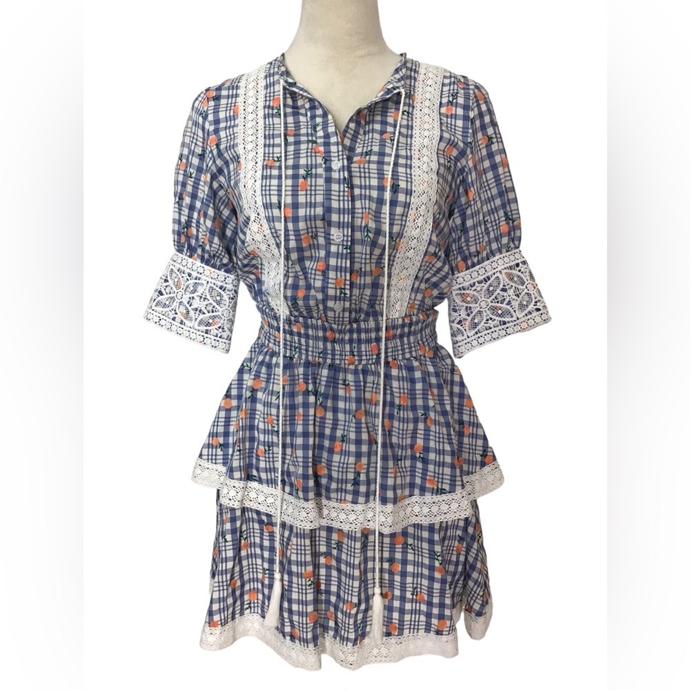 The Shirt Rochelle Behrens Blue Plaid Ruffle Tassel Tie Lace Trim Mini Dress XS